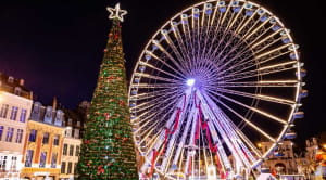 Ferris wheel and Christmas tree at night